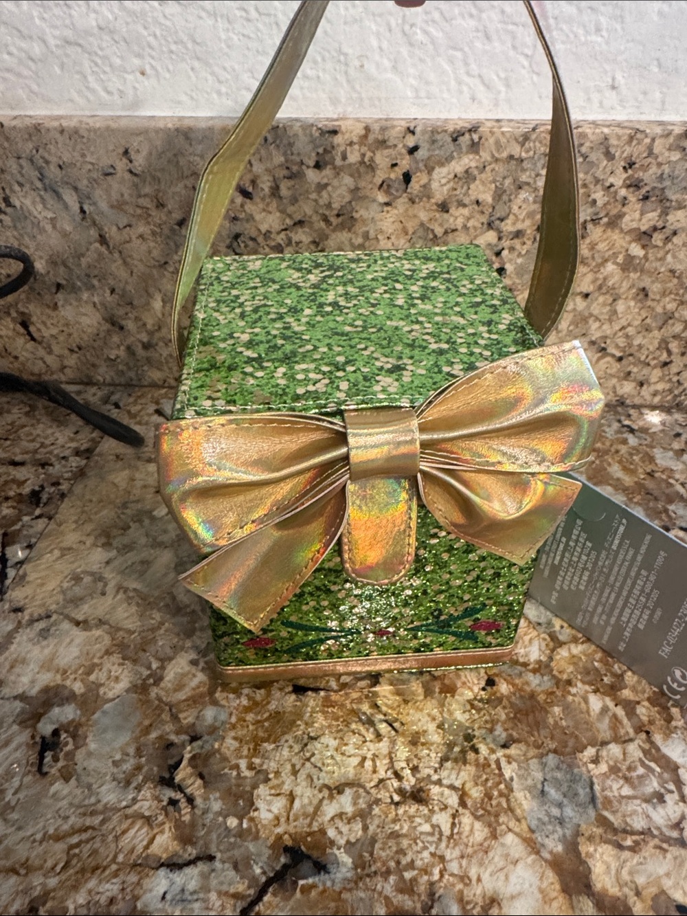 Disney Sparkling Green Glitter Box Purse Bag with Gold Iridescent Bow